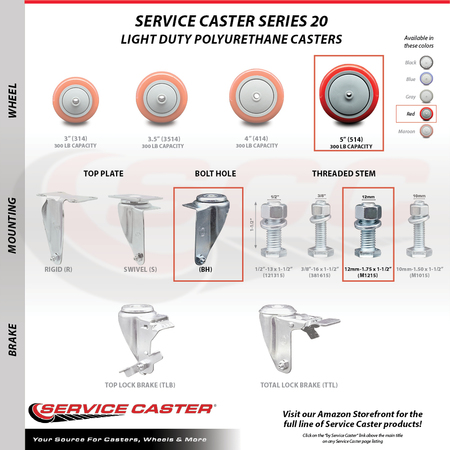 Service Caster 5 Inch SS Red Polyurethane Wheel Swivel 12mm Threaded Stem Caster Set SCC SCC-SSTS20S514-PPUB-RED-M1215-4